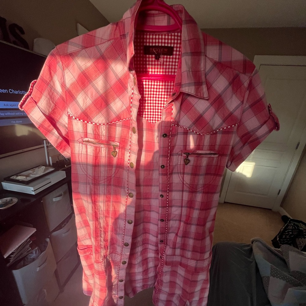 Review, pink and red western mini dress